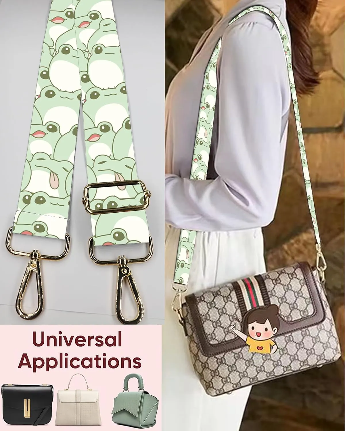 Wide Purse Strap Replacement Crossbody Handbag Shoulder Strap Adjustable Bag Straps Replacement (Cute Frogs)