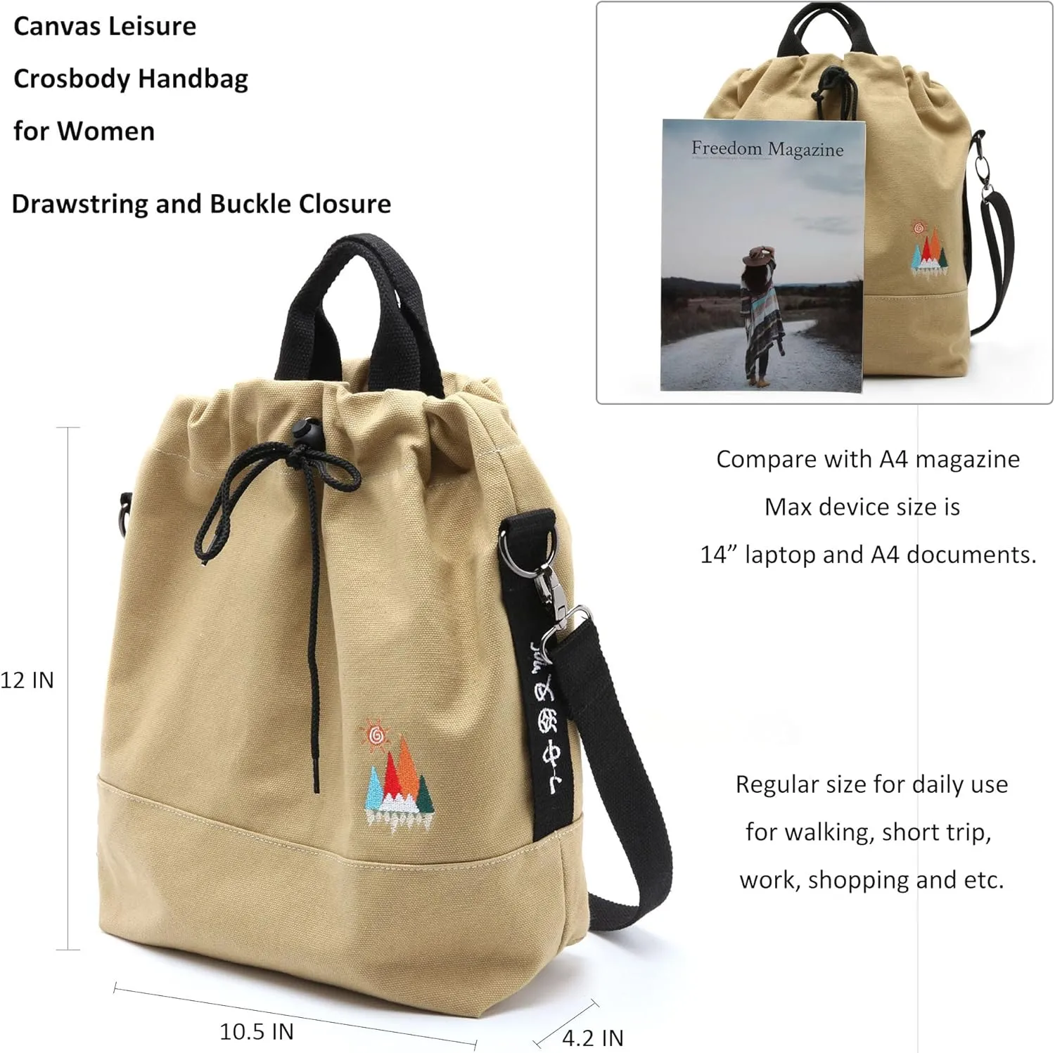 Women Canvas Tote Handbags Casual Shoulder Work Bag Crossbody Bag with Sunshine Embroidery