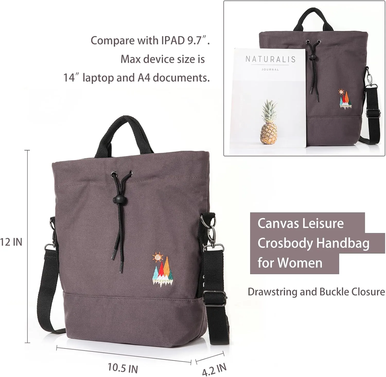 Women Canvas Tote Handbags Casual Shoulder Work Bag Crossbody Bag with Sunshine Embroidery