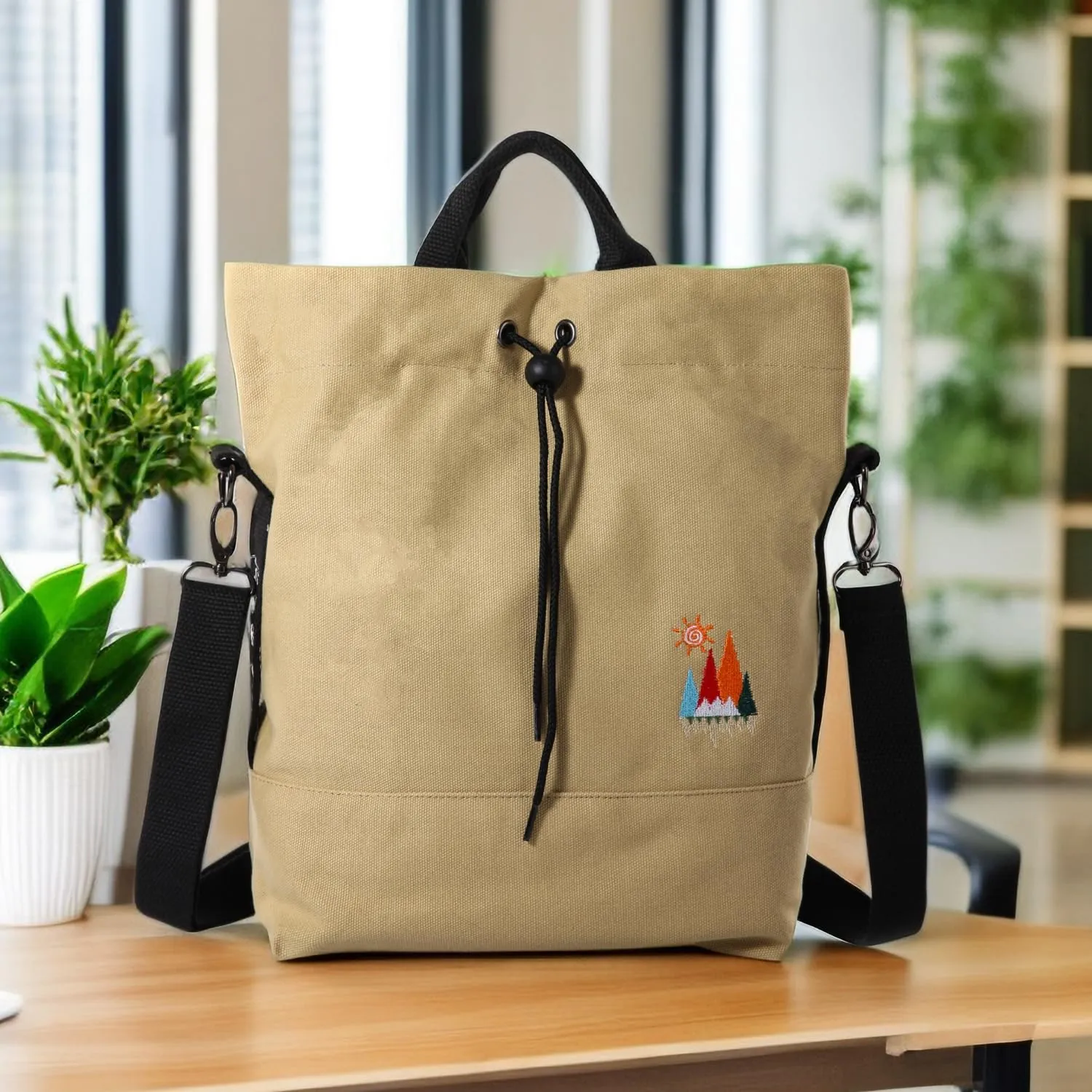 Women Canvas Tote Handbags Casual Shoulder Work Bag Crossbody Bag with Sunshine Embroidery