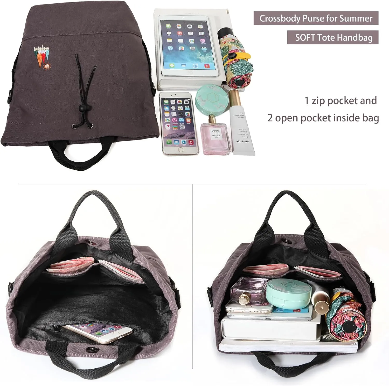Women Canvas Tote Handbags Casual Shoulder Work Bag Crossbody Bag with Sunshine Embroidery