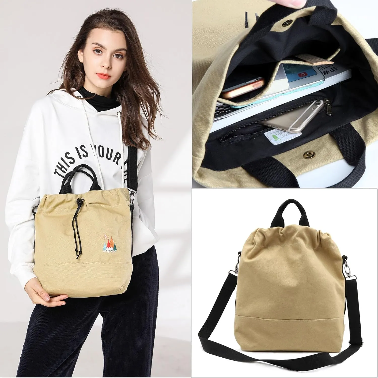 Women Canvas Tote Handbags Casual Shoulder Work Bag Crossbody Bag with Sunshine Embroidery