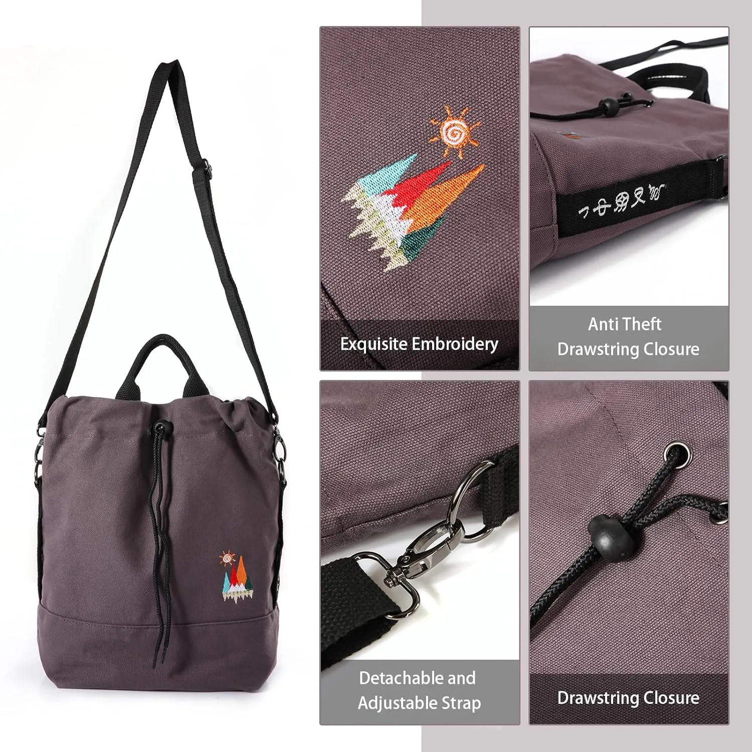 Women Canvas Tote Handbags Casual Shoulder Work Bag Crossbody Bag with Sunshine Embroidery