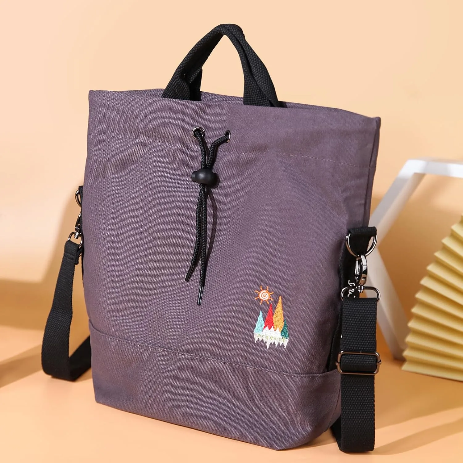Women Canvas Tote Handbags Casual Shoulder Work Bag Crossbody Bag with Sunshine Embroidery