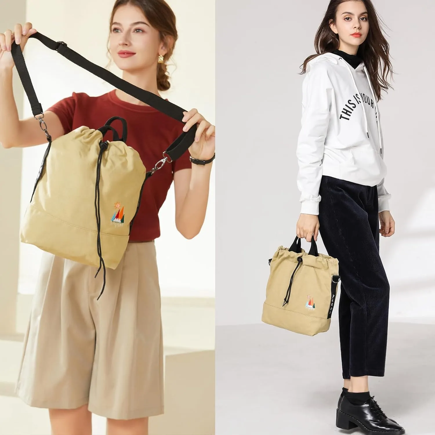 Women Canvas Tote Handbags Casual Shoulder Work Bag Crossbody Bag with Sunshine Embroidery