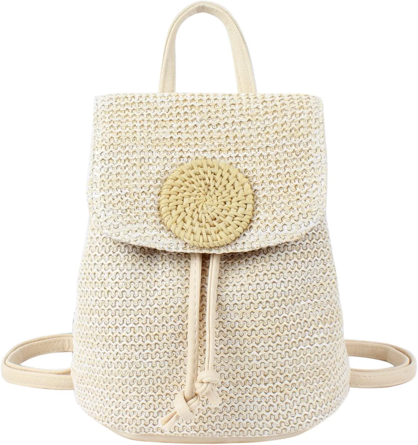 Women Mini Straw Woven Backpack Flap Drawstring Daypack Cross-body Bag Bucket Bag, Mini Beige