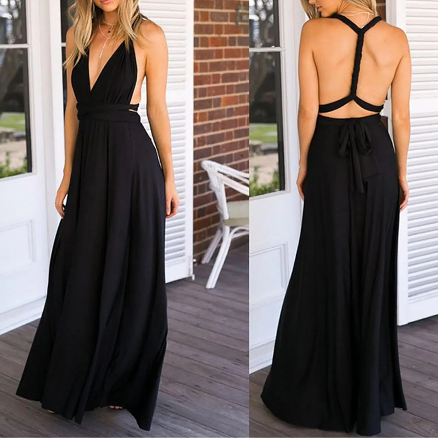Women's Backless Gown Dress Convertible Multi-Way Wrap Halter Cocktail Dress Bandage Bridesmaid Long Dresses