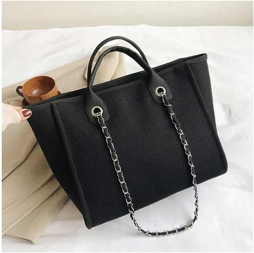 Women's canvas shoulder bag, large capacity handbag, single shoulder bag, handbag with chain (Black)