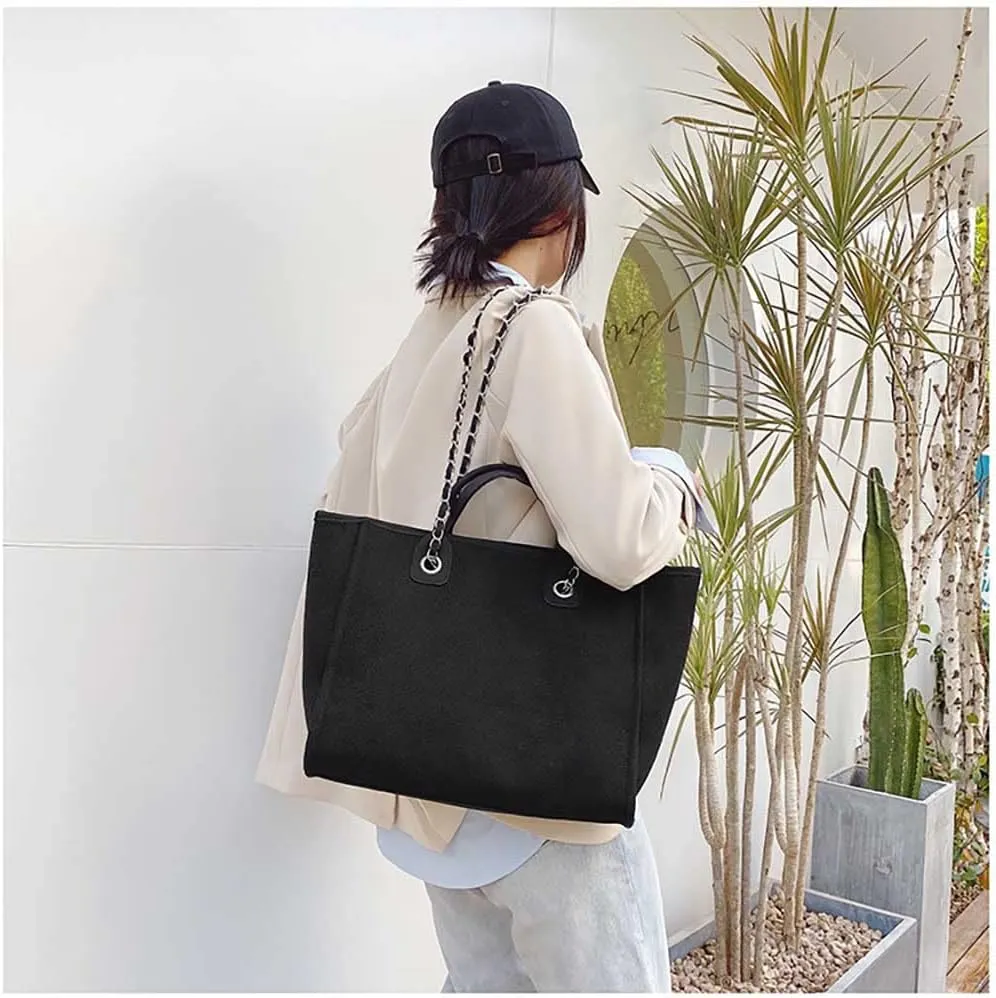 Women's canvas shoulder bag, large capacity handbag, single shoulder bag, handbag with chain (Black)