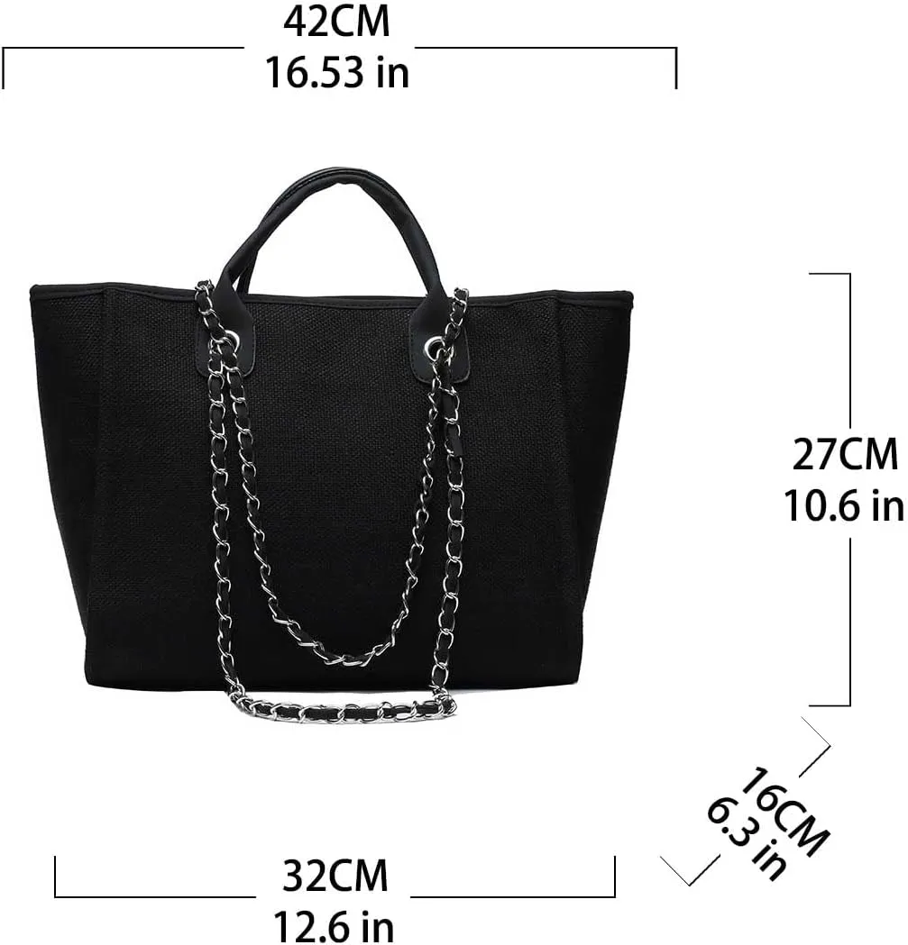 Women's canvas shoulder bag, large capacity handbag, single shoulder bag, handbag with chain (Black)