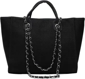Women's canvas shoulder bag, large capacity handbag, single shoulder bag, handbag with chain (Black)
