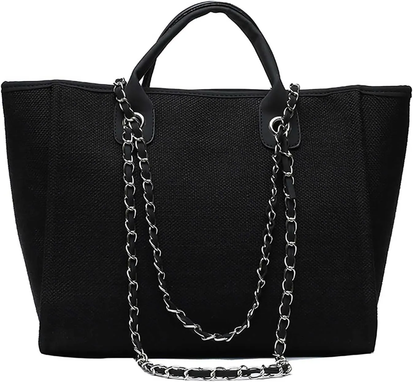 Women's canvas shoulder bag, large capacity handbag, single shoulder bag, handbag with chain (Black)