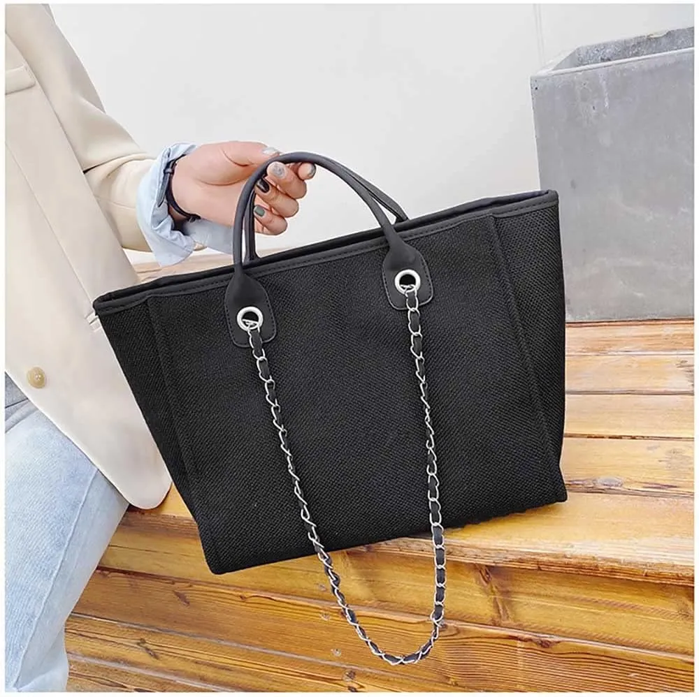 Women's canvas shoulder bag, large capacity handbag, single shoulder bag, handbag with chain (Black)
