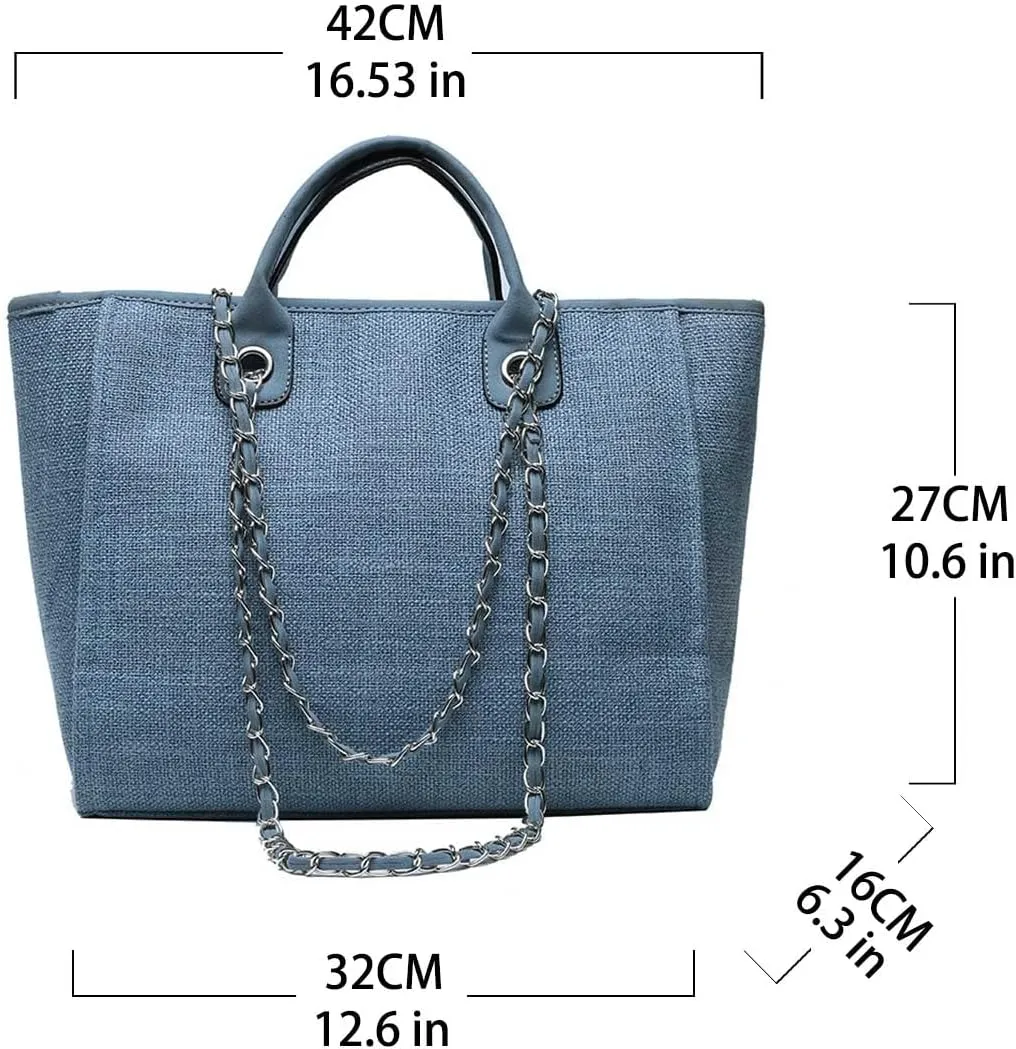 Women's canvas shoulder bag, large capacity handbag, single shoulder bag, handbag with chain (Blue)