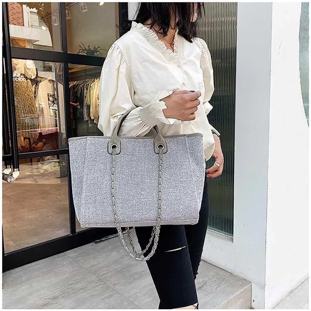 Women's canvas shoulder bag, large capacity handbag, single shoulder bag, handbag with chain (Grey)
