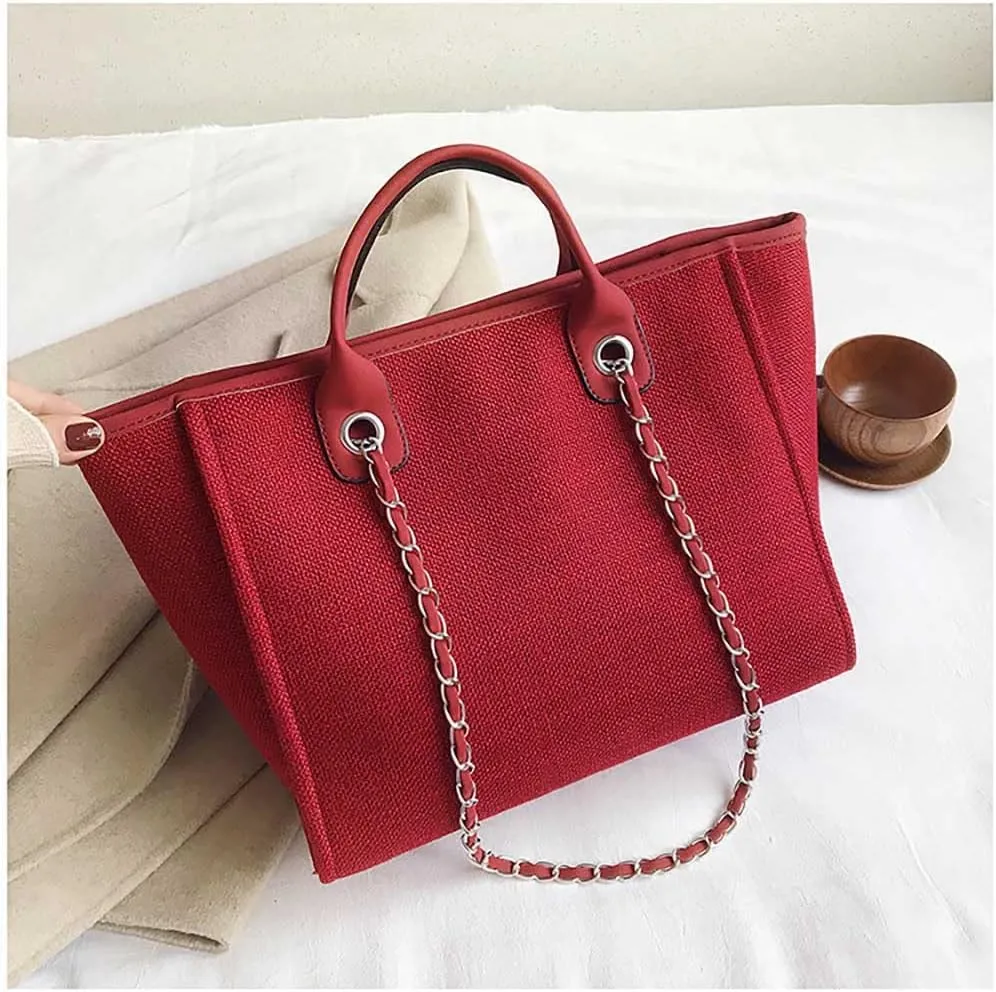 Women's canvas shoulder bag, large capacity handbag, single shoulder bag, handbag with chain (Red)