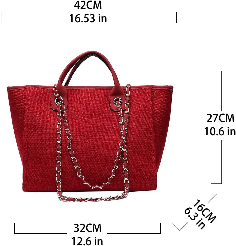 Women's canvas shoulder bag, large capacity handbag, single shoulder bag, handbag with chain (Red)