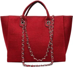 Women's canvas shoulder bag, large capacity handbag, single shoulder bag, handbag with chain (Red)