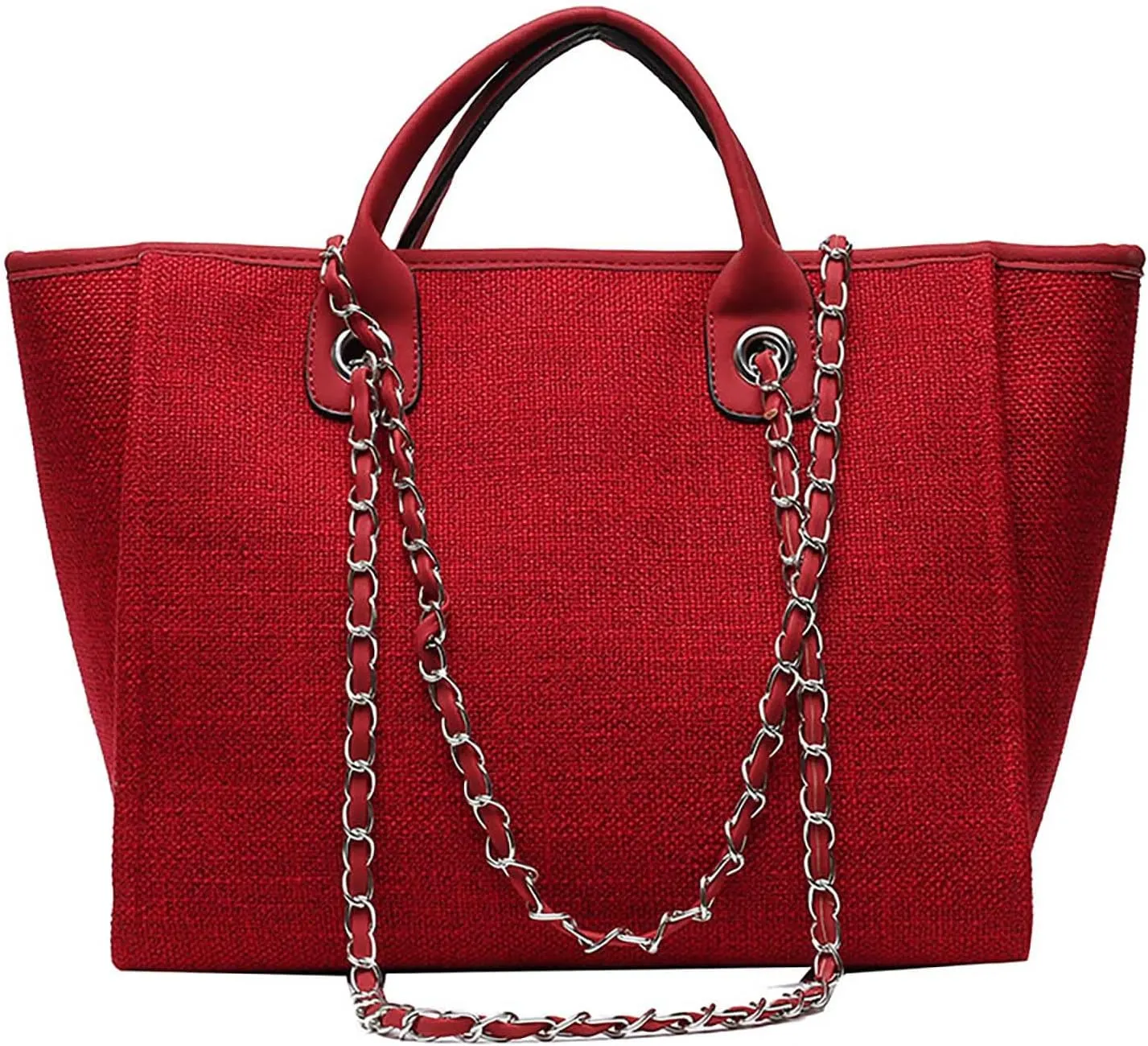 Women's canvas shoulder bag, large capacity handbag, single shoulder bag, handbag with chain (Red)