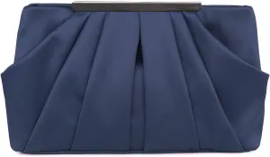 Womens Pleated Satin Evening Handbag Clutch Navy Clutch Purse With Detachable Chain Strap Wedding Cocktail Party Bag