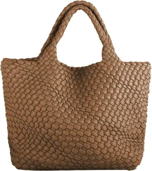 Woven Bag for Women Large Tote Bag with Clutch PU Leather Handwoven Beach Bag Satchel Handmade Casual Purses