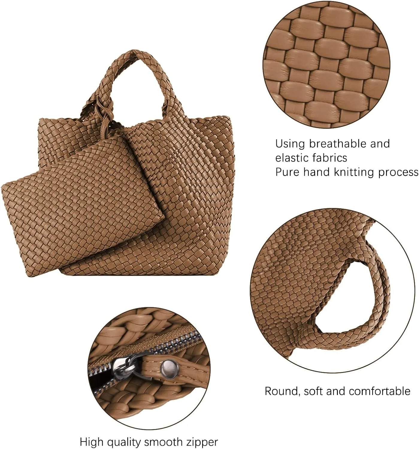 Woven Bag for Women Large Tote Bag with Clutch PU Leather Handwoven Beach Bag Satchel Handmade Casual Purses