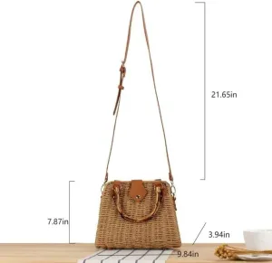 Woven Straw Handbag with Bamboo Handle, Brown Leather Trim, Crossbody Strap, Natural