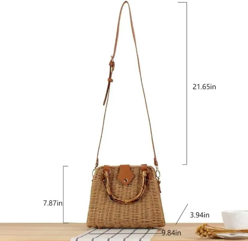 Woven Straw Handbag with Bamboo Handle, Brown Leather Trim, Crossbody Strap, Natural