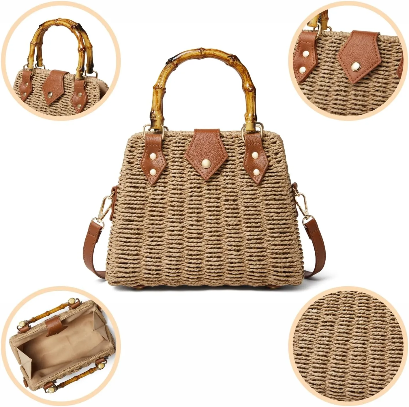 Woven Straw Handbag with Bamboo Handle, Brown Leather Trim, Crossbody Strap, Natural
