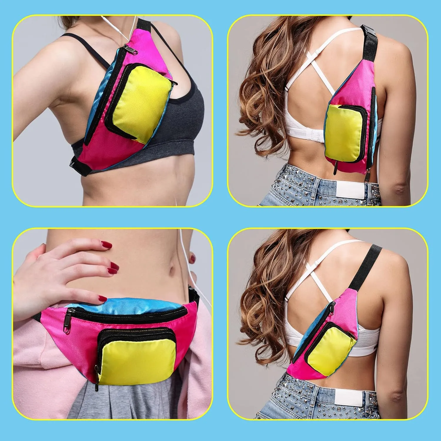 Xuniea 80s Retro Neon Fanny Pack 2 Pockets Belt Bags 90s Costumes for Women Men Waist Packs for Holiday Festival 80s Theme Halloween Party(Pink Bottom)