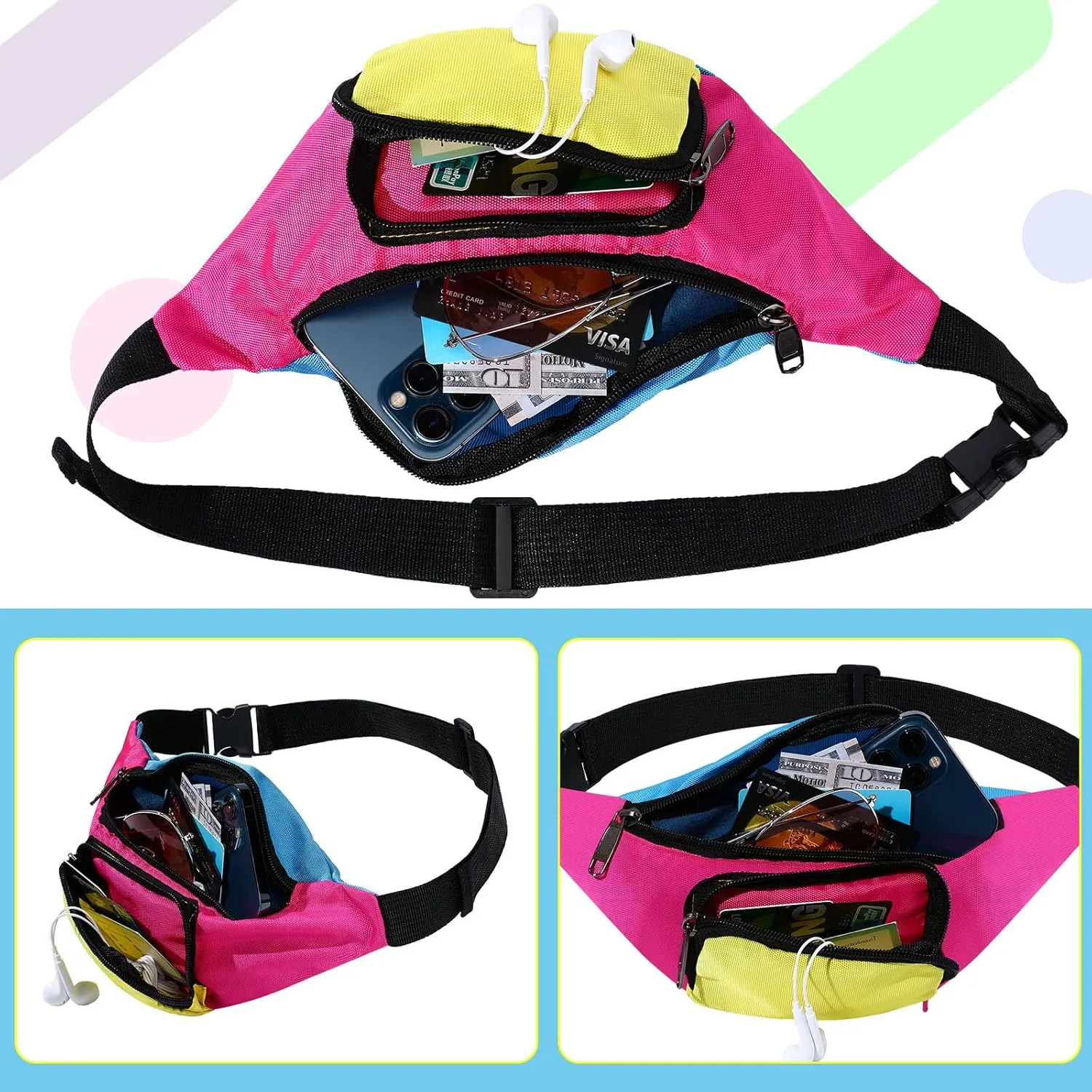 Xuniea 80s Retro Neon Fanny Pack 2 Pockets Belt Bags 90s Costumes for Women Men Waist Packs for Holiday Festival 80s Theme Halloween Party(Pink Bottom)