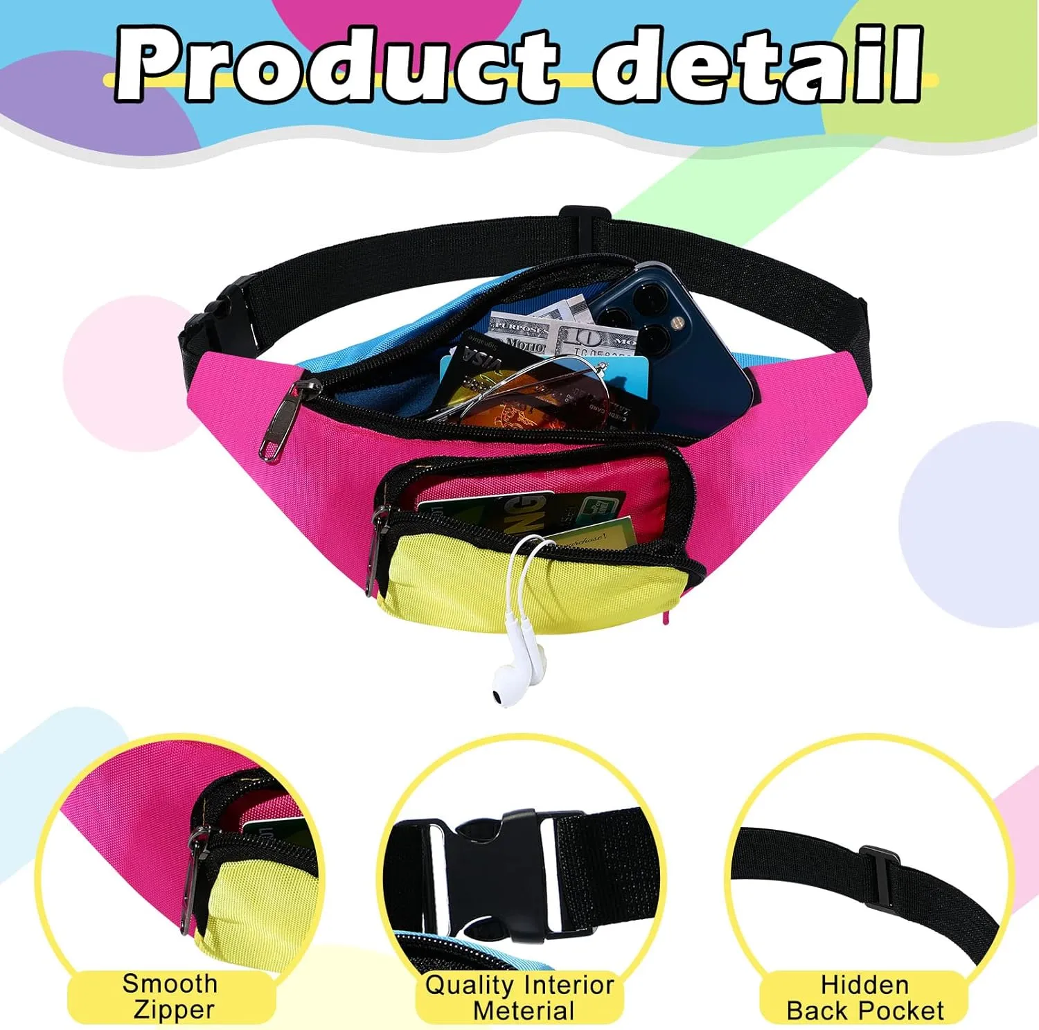 Xuniea 80s Retro Neon Fanny Pack 2 Pockets Belt Bags 90s Costumes for Women Men Waist Packs for Holiday Festival 80s Theme Halloween Party(Pink Bottom)