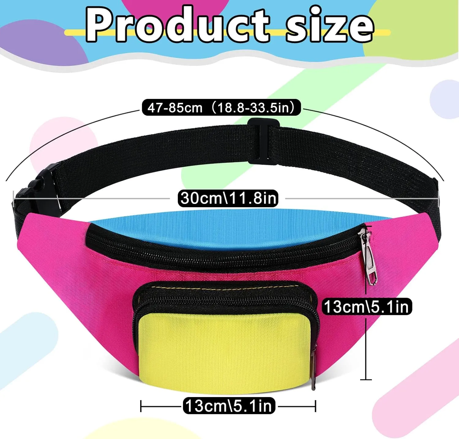 Xuniea 80s Retro Neon Fanny Pack 2 Pockets Belt Bags 90s Costumes for Women Men Waist Packs for Holiday Festival 80s Theme Halloween Party(Pink Bottom)