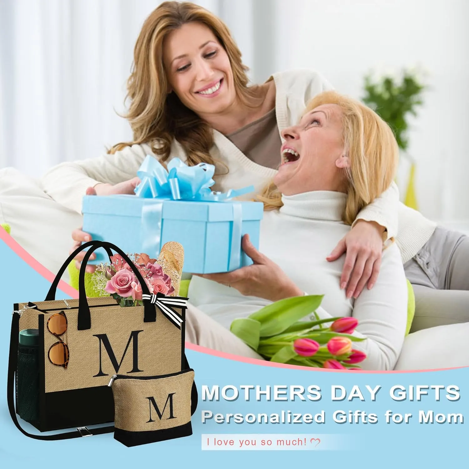 YOOLIFE Personalized Gifts for Women - Initial Jute Tote Bag & Makeup Bag, Birthday Gifts for Women Mom Wife Teacher Friend
